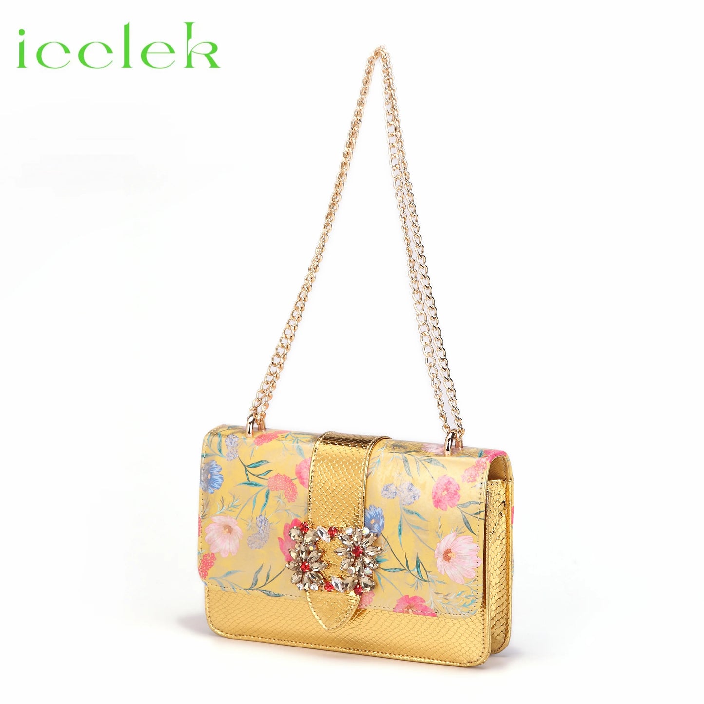 Newest Green Color Print Design High Heels Decorated with Water Rhinestone Party Women's Shoes and Bags Set