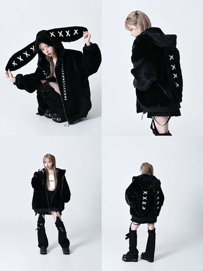 Mauroicardi Autumn Winter Sweet Cute Kawaii Soft Thick Warm Black Faux Fur Coat Women with Bunny Ears Cute Fluffy Jacket Hoodie