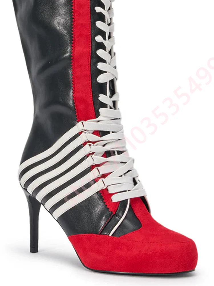 2026 New Black Red Color Block Striped Knee High Boots Women Full Lace Up Thin Stiletto High Heel Fashion Streetwear Long Boots