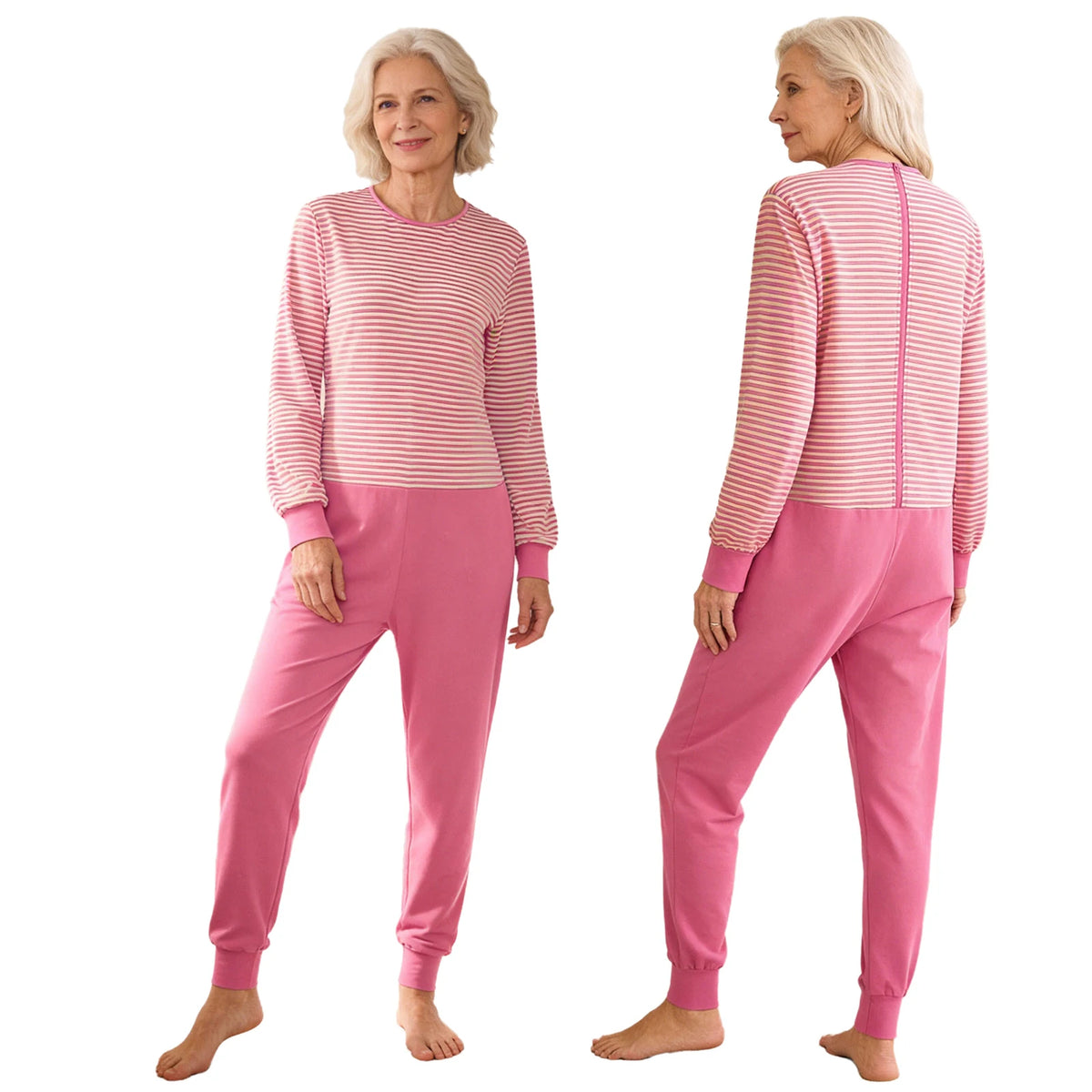 Women Elderly Alzheimer Nursing Jumpsuit Special Need Adaptive Clothing Long Sleeve Back Zipper Anti-strip Stripe Rompers Pajama
