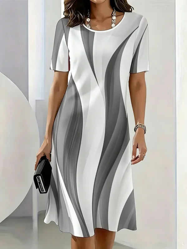 Summer Women Dress Fashion Gradient Striped Pattern Printed Dress Short Sleeve O-Neck Loose Casual A-Line Mini Dress
