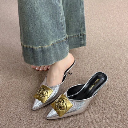 Women High Heels Slippers Summer New Luxury Fashion Gold Flower Decoration Modren Sandals Ladies Pointed Toe Mules Shoes Slides