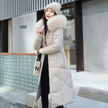 New Women's Winter Jacket 2026 Mid-length Fashion Slim Over Knee Fur Collar Thick Cotton Coat Elegant Gray Parka Woman Clothing