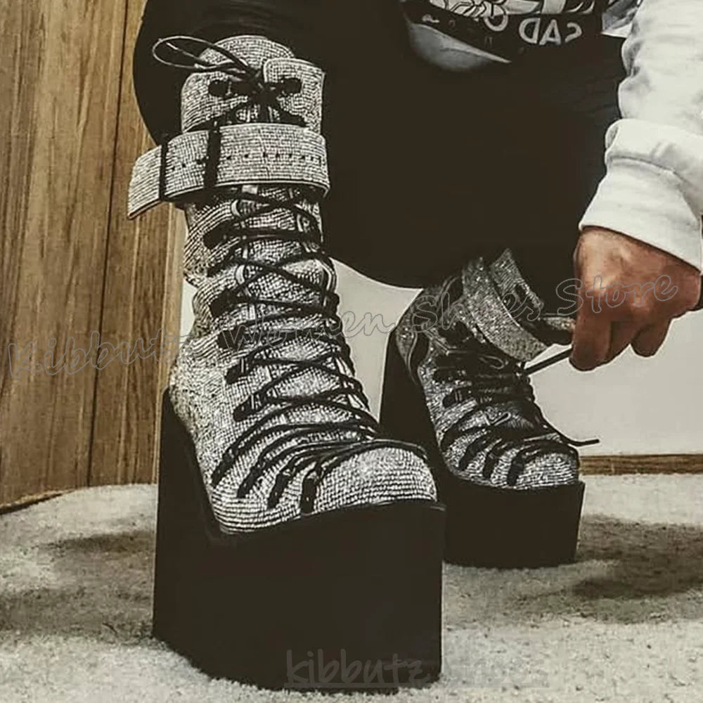 Glossy Ankle Boots Platform Belt Buckle Round Toe Thick Bottom Novelty Fashion Elegant Concise Sexy Women Shoes New Mixed Color