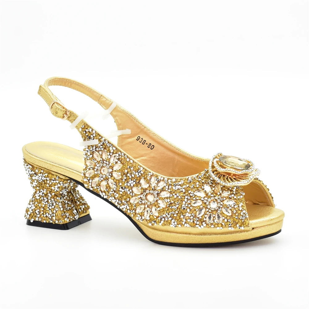 Italian Shoes and Bags Matching Set with Rhinestone Nigerian Women Shoes and Bag Set with Appliques Full Crystal for Dress