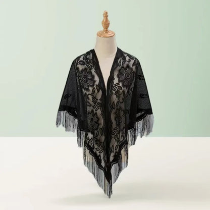 Floral Lace Tassel Triangle Shawl Wrap Sheer Hollow Fringe Poncho Cover Up Women Elegant Cape Stole Wedding Party Evening Dress