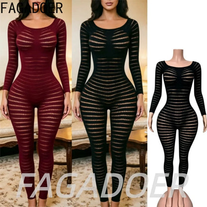 FAGADOER Women Sexy Knit See Through Bodycon Jumpsuits 2026 Summer Solid Color Hollow Out Rompers Night Party Club Playsuits New
