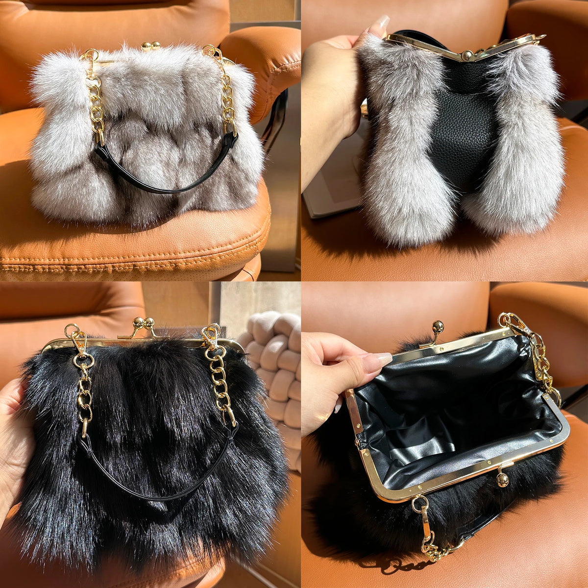 Real Fur Women Handbags Women Luxury Fox Fur Bag Fashion Female Furry Handbag Real Leather Evening Bag Natural Fur Shoulder Bag