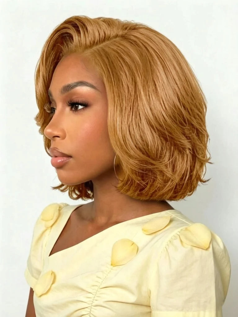 13x4 Lace Front Human Hair Wig 180 Density Honey Blonde Side Part Layered Bob Wig, Silky Straight Wigs For Women Daily Styling