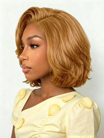 13x4 Lace Front Human Hair Wig 180 Density Honey Blonde Side Part Layered Bob Wig, Silky Straight Wigs For Women Daily Styling