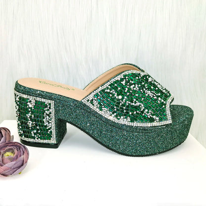 Nigeria Distinguished Green And Elegant Women's Designer High Heels And Bag Set, Fashionable Fishmouth Shoes In Nigerian Style
