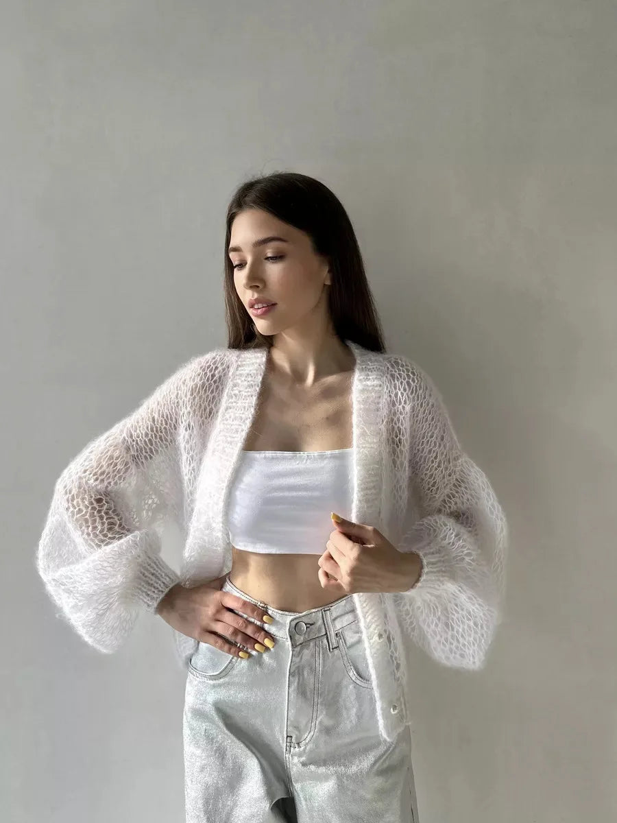 Women Knitting Cardigan 2026 New Women Mohair Knit Cardigan Hollow Out Sheer Long Sleeve Casual Knitted Outerwear Sweater