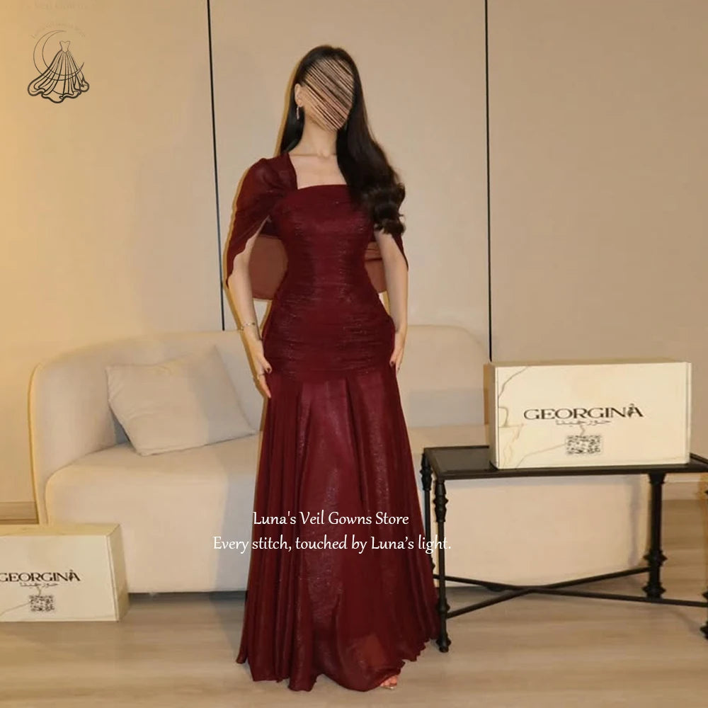 LunaV Square Neck Cape Sleeve Elegant Evening Dress Ruched Chic Robes De Soirée Glam Mermaid Floor Length Prom Dress Custom