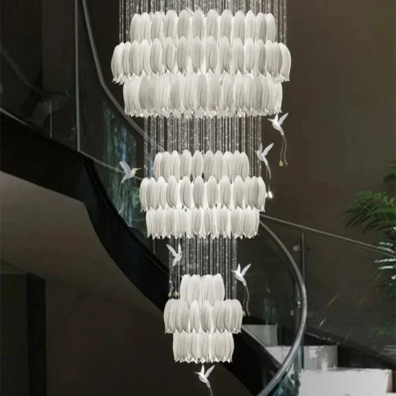 Luxury Crystal Staircase Chandelier for Stairsway Loft Ceramic Flowers Ceiling Chandelier for High Ceiling Villa Hotel Lobby