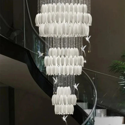 Luxury Crystal Staircase Chandelier for Stairsway Loft Ceramic Flowers Ceiling Chandelier for High Ceiling Villa Hotel Lobby