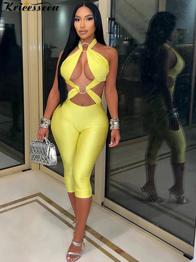 Kricesseen Sexy Cut Out Halter Bandage Jumpsuit Women O Ring Backless Bodycon Romper Summer Nightclub Party Festival Outfit