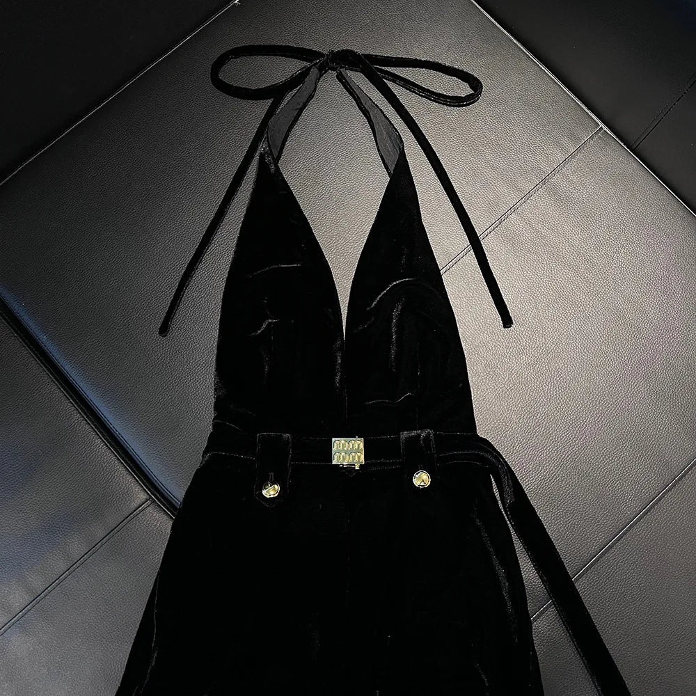 Vintage Luxury High-end Black Jumpsuits Metal Button Slim Sexy V-neck Hang Neck One-piece Pants Women Party Dresses Backless New