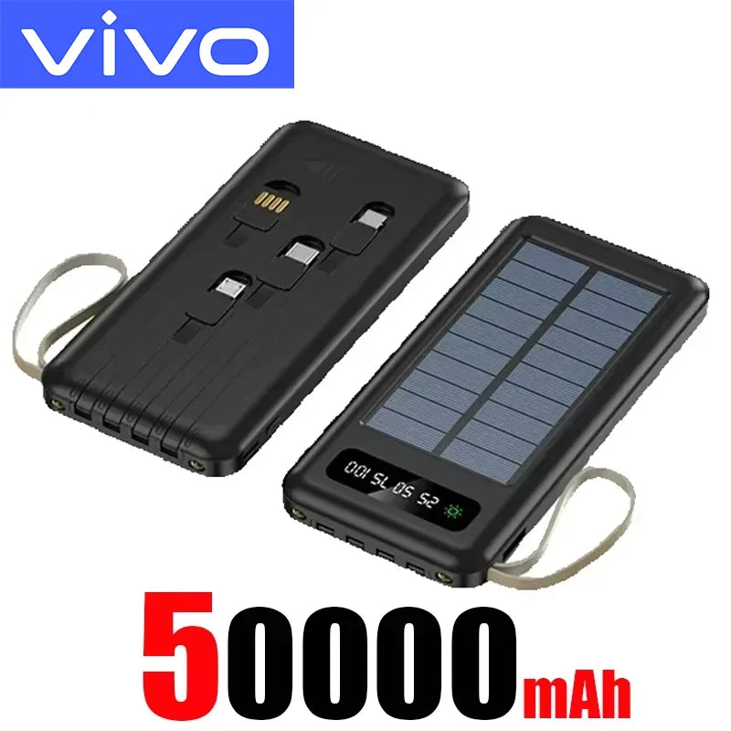 VIVO 200000mAh Solar Power Bank Large Capacity Mobile Power Fast Charging Battery Dual USB 4 Cables For iPhone Samsung Huawei