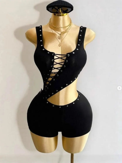 FLARORA Sexy Hollow Out Bandage Rompers Woman Trend Rivet Sleeveless Irregular Skinny Playsuits Hot Girl Party Club Streetwear