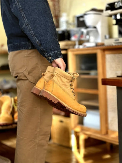 Casual Men Ankle Boots Lace Up Round Toe Cow Suede Leather Patchwork Canvas High Top Shoes Workwear Boots Hard Wearing Footwear