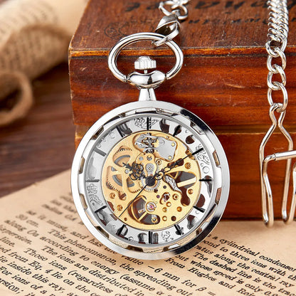 Vintage Transparent Hollow Women Men Skeleton Mechanical Pocket Watch Hand Winding With Waist Belts Chains Gift Watches Clock