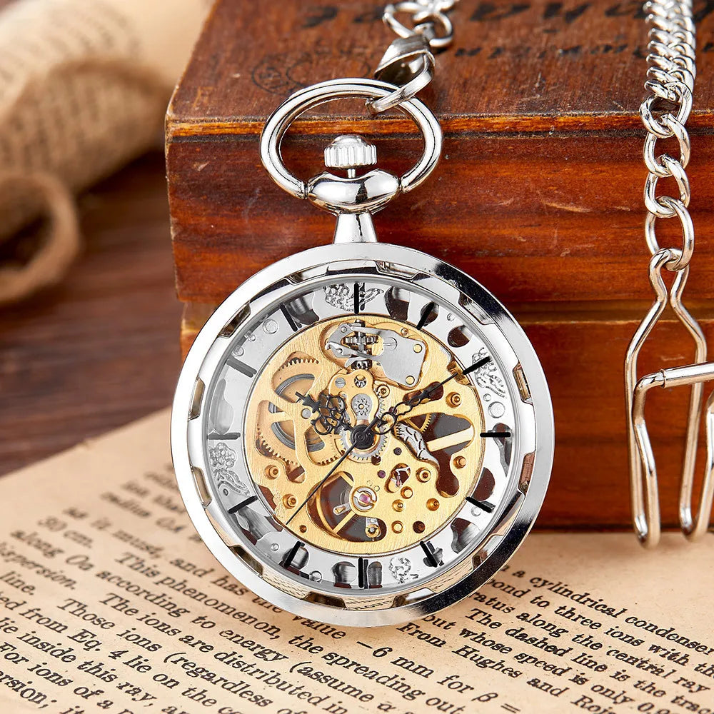 Vintage Transparent Hollow Women Men Skeleton Mechanical Pocket Watch Hand Winding With Waist Belts Chains Gift Watches Clock