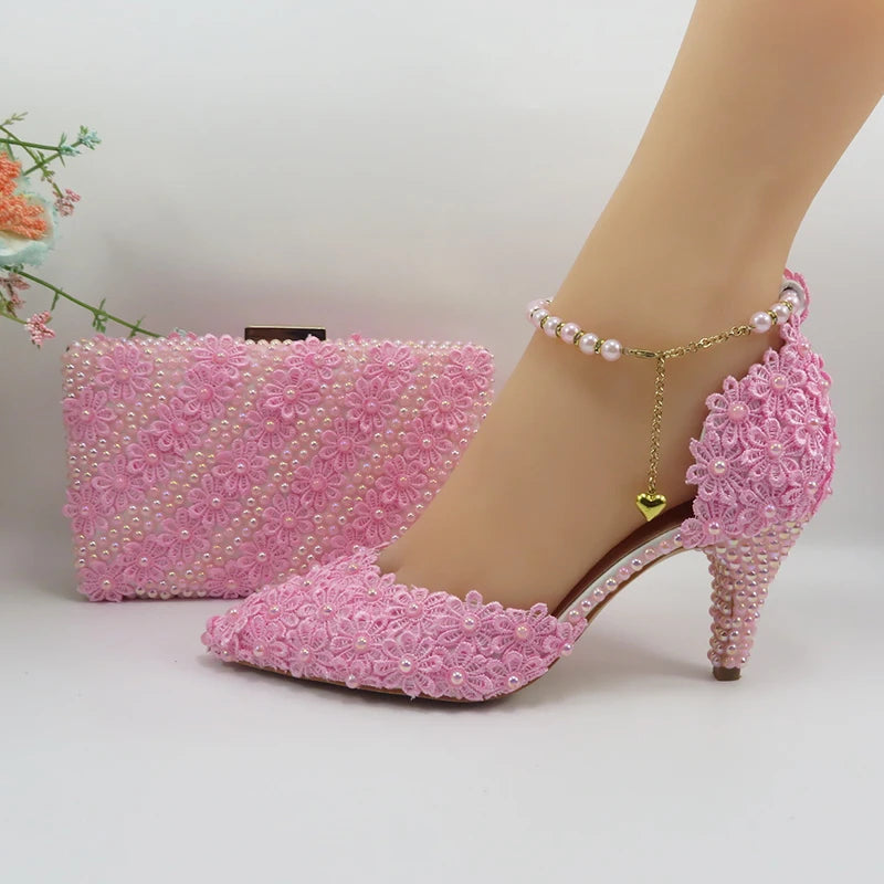 AB Pink Pearl Flower Wedding Shoes With Matching Bags High Heels Pointed Toe Ankle Strap Ladies Party Shoe and Bag Set