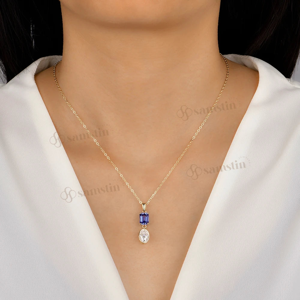 Samstin 4.3CT Lab Sapphire Moissanite Necklace for Women Solid 14K 10K Yellow Gold Necklace for Christmas  Party Jewelry Chain