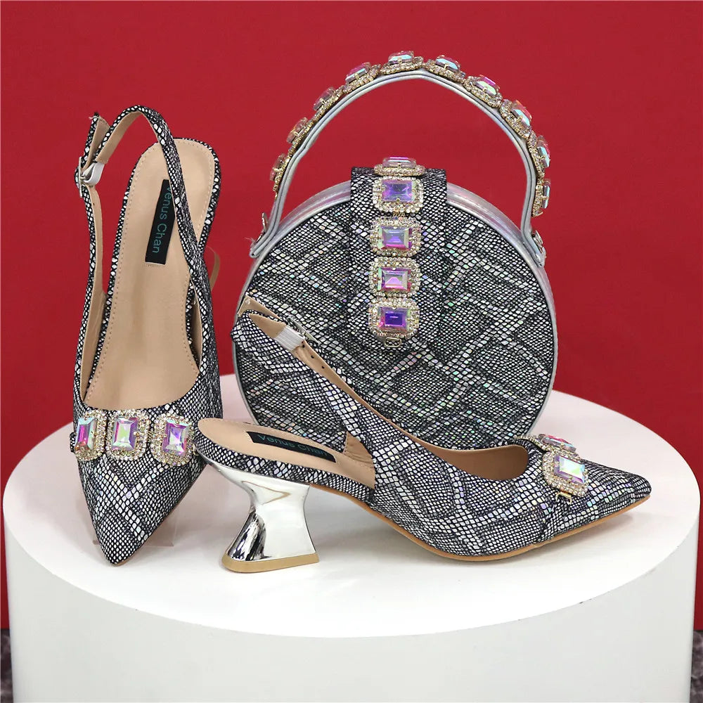 Newest Style Teal Sky Color Platform Design Peep Toe Ladies Shoes Matching Bag Set For Mature Women Heel Party Pump