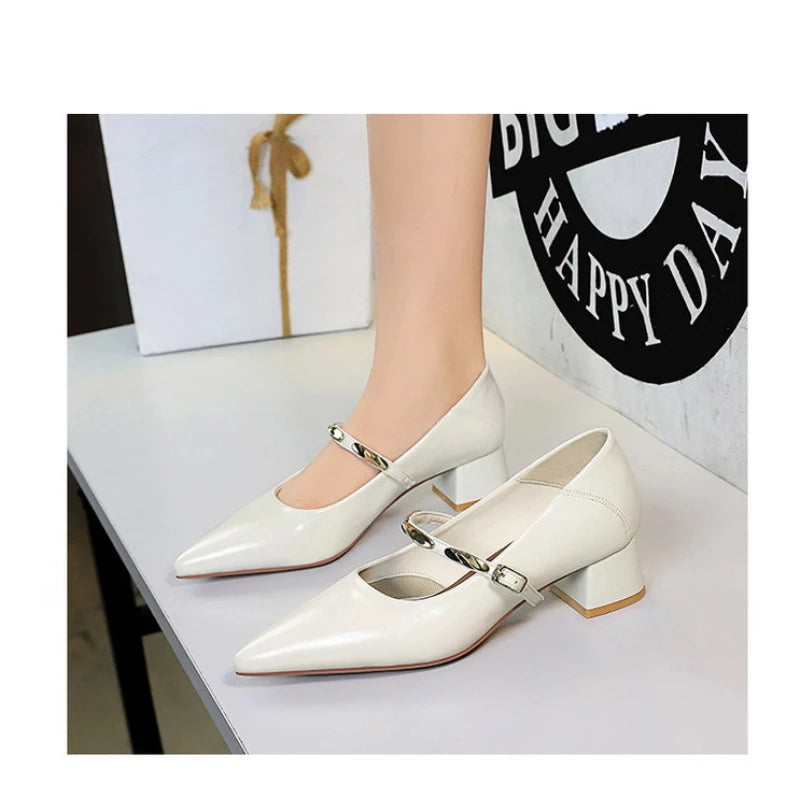 Women Korean Vintage Soft Split Cow Leather Pointed Pumps Simple Single Metal Buckle Strap Mid Chunky Heel Comfort Office Daily