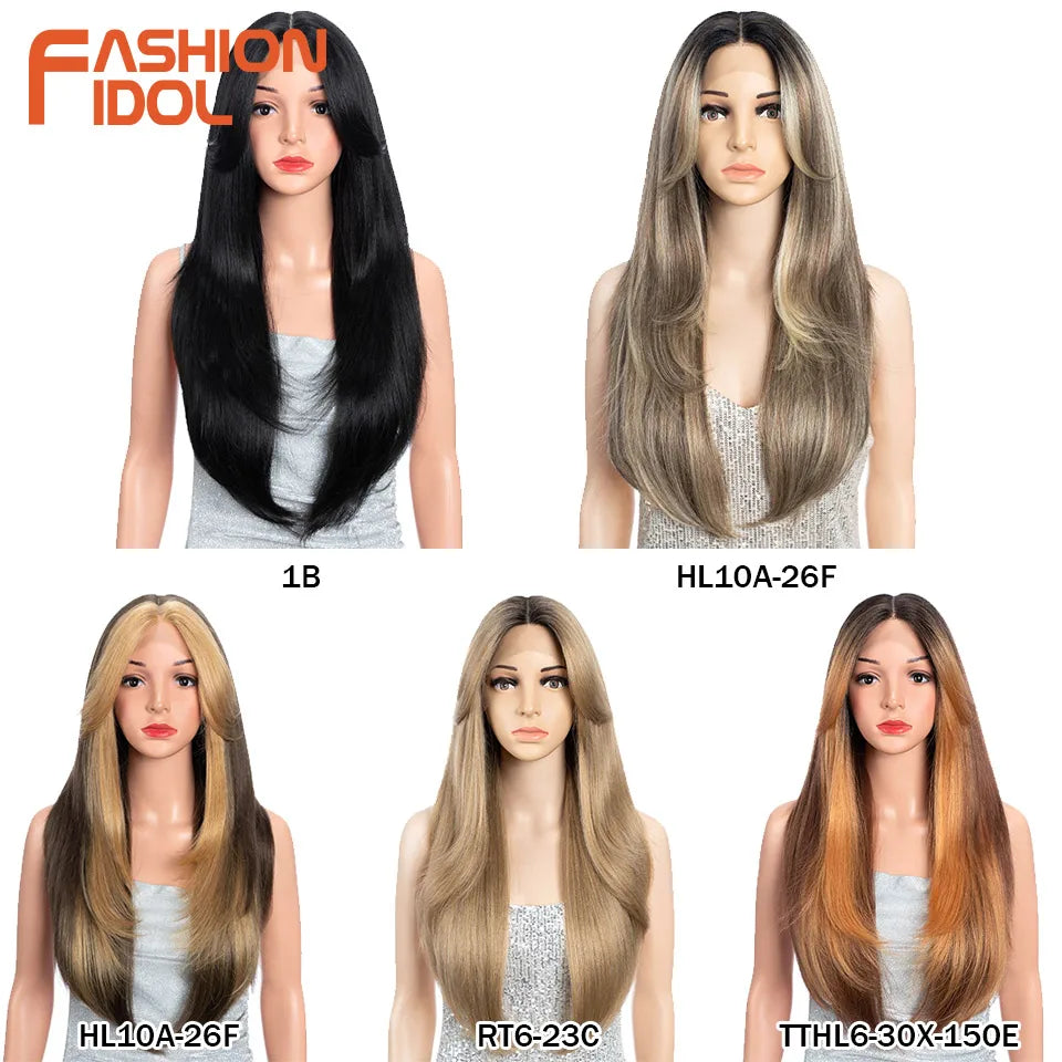 FASHION IDOL 26inch/65cm Straight Hair Lace Front Wigs Synthetic Hair Ombre Blonde Brown Hair Wigs Cosplay Heat Resistant Fiber