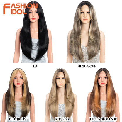 FASHION IDOL 26inch/65cm Straight Hair Lace Front Wigs Synthetic Hair Ombre Blonde Brown Hair Wigs Cosplay Heat Resistant Fiber