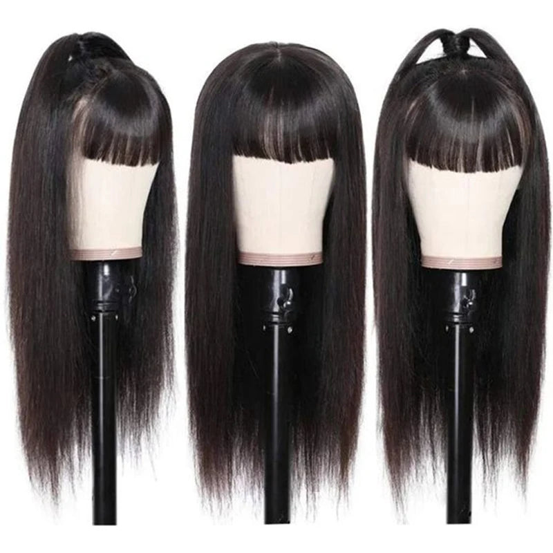 38 inch Straight Lace Front Wig With Bangs Fringe Human Hair Wigs 360 HD Full Lace Frontal Wig With Bang On Sale Clearance Cheap