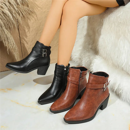 Retro Belt Buckle Women Short Ankle Boots Plus Size 43 Autumn Zipper Soft Leather Square Heel Ladies Pointed Toe Party Shoes New