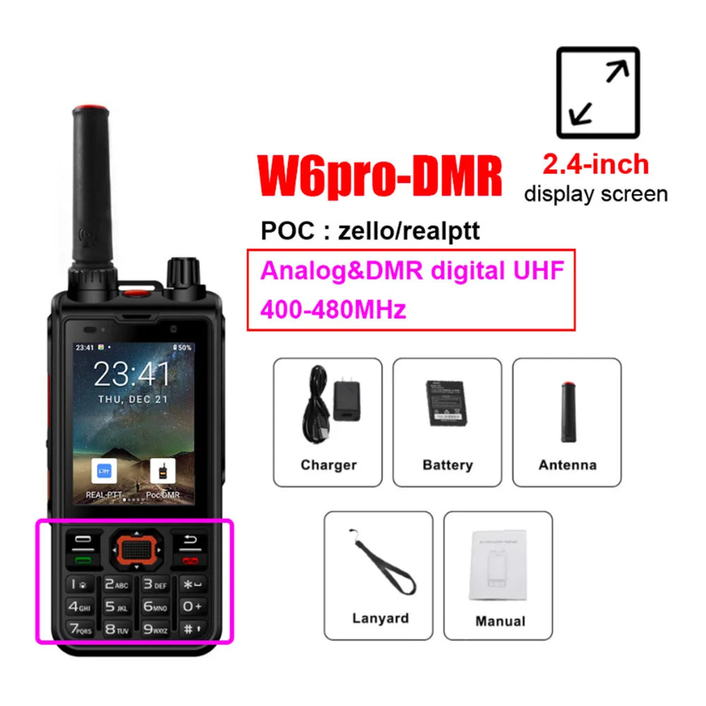 ANYSECU 4G Network Radio W6PRO Android 12 Work with Real-ptt Zello WIFI UHF 400-480mhz DMR Digital Radio