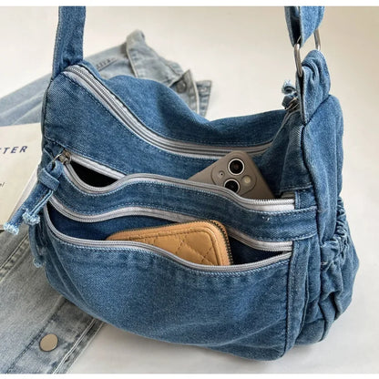 Vintage Denim Women's Shoulder Bag Large Capacity Messenger Bag Multi-pockets Satchel Bags Adjustable Strap Ladies Crossbody Bag
