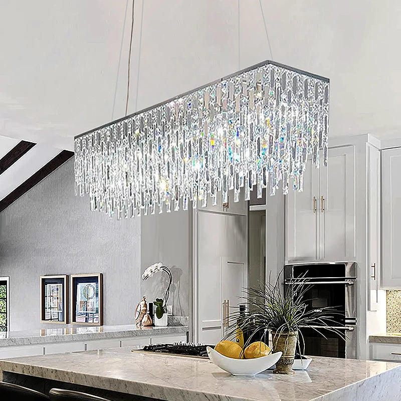 Luxury Crystal Long Pendant Lights Modern Lustres LED Chrome Hanging Lamps for Ceiling Silver Home Decor for Dining Room Remote