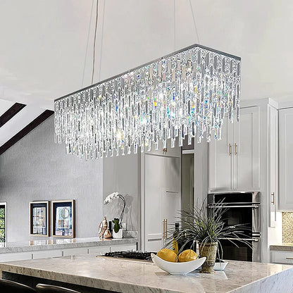 Luxury Crystal Long Pendant Lights Modern Lustres LED Chrome Hanging Lamps for Ceiling Silver Home Decor for Dining Room Remote