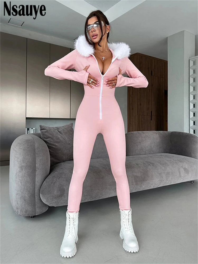 Nsauye Jumpsuits Women Long Sleeve Pullover Faux Fur Hoodies Skinny One Pieces Overalls Sexy Clubwear Sport Y2K Jumpsuit Rompers