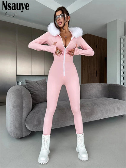 Nsauye Jumpsuits Women Long Sleeve Pullover Faux Fur Hoodies Skinny One Pieces Overalls Sexy Clubwear Sport Y2K Jumpsuit Rompers