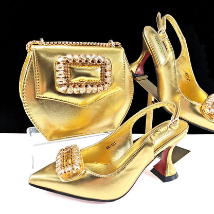 New Arrival Mature Style Purple Color Party Wedding Pointed Toe High Heel Women Shoes and Bag Set Decorated With Rhinestoe