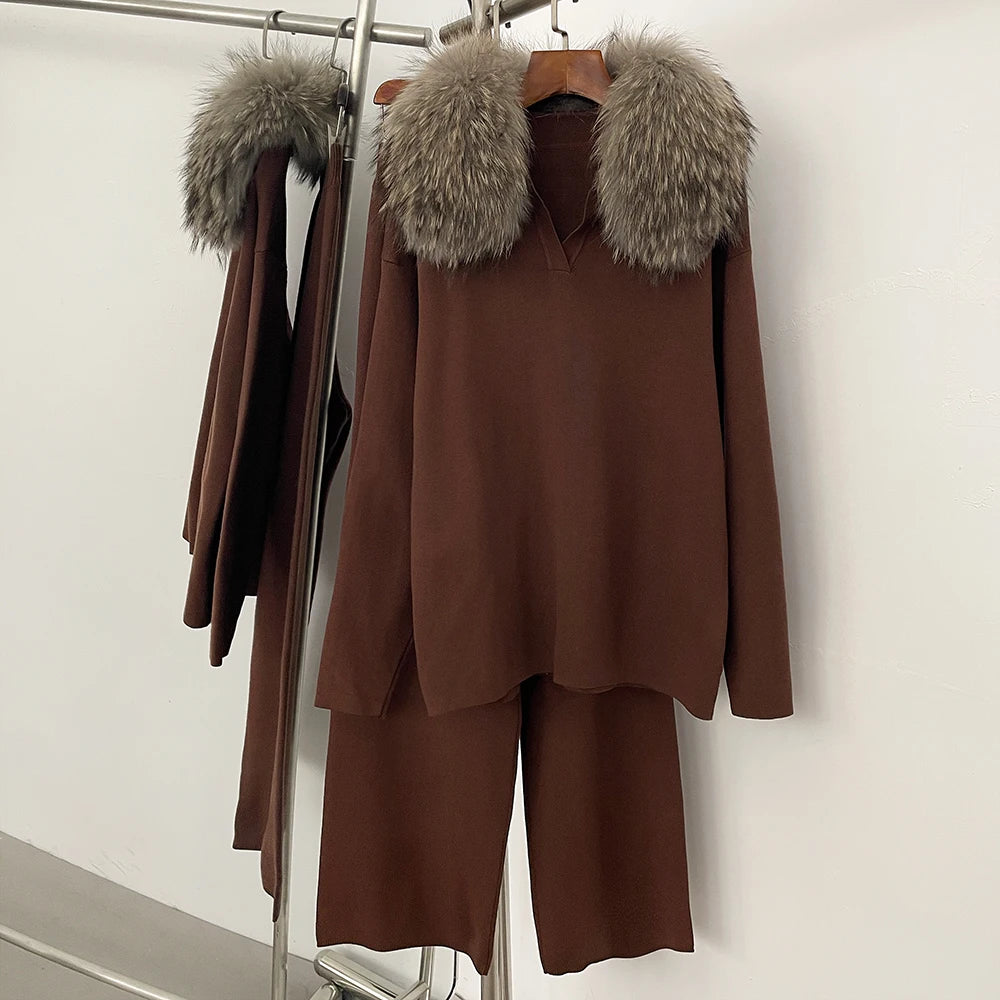 Reality Fur Jacket Pullover Set Woman Spring Knitted Suit Knitwear Female Real Fox Fur Collar Sweater Lady Autumn Knitted New