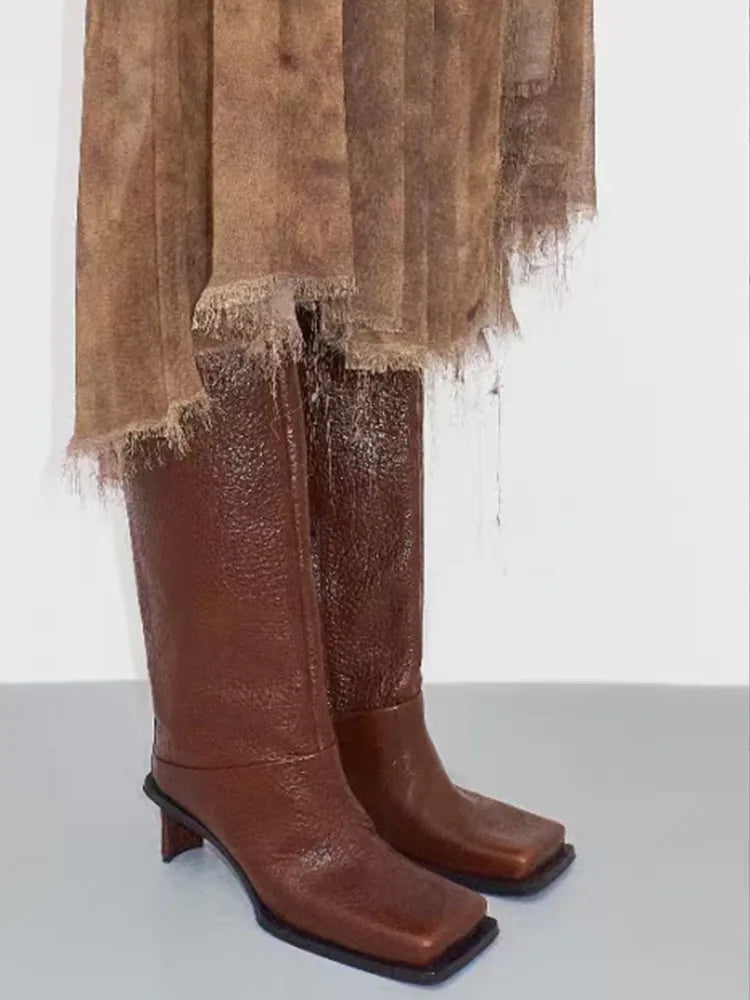 2026New Fashionable Square Head High Heels Women's Knee Length Boots with Side Zipper Stone Pattern Women's Mid Length Boots