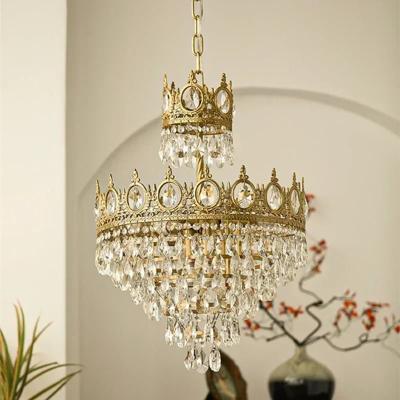 Modern Luxury Chandelier LED Crystal Vintage French Pendant Lamps for Living Dining Table Room Golden Crown Lighting Home Deocr