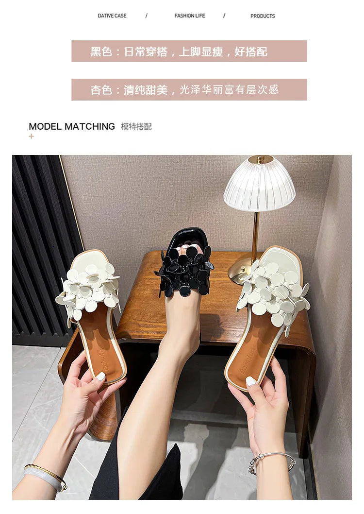 Luxury Floral Petal Flat Sandals Women 2025 Casual Slides Open Toe Sandalias Mujer Flipflops Home Slippers Femme Pantuflas Shoes