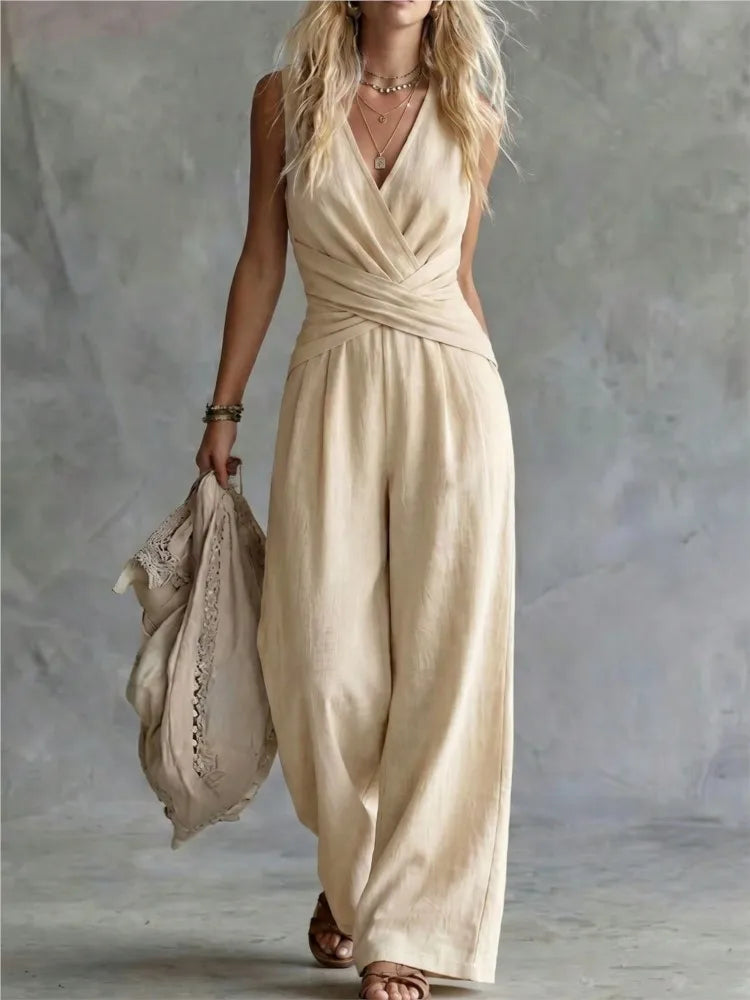 Fashion Light Blue Wide Leg Pants Jumpsuit Women's V-neck Sleeveless Cross Wrap Waist Design Rompers Summer Casual Jumpsuits