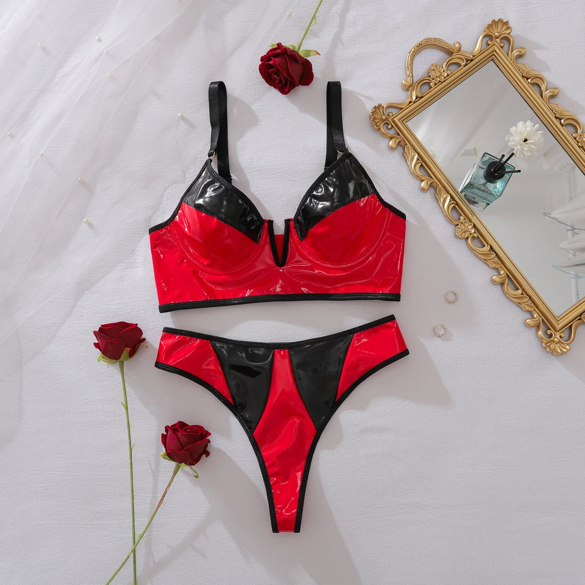 European and American spicy girl comfortable contrasting PU leather slim fit shaping sexy lingerie two-piece set