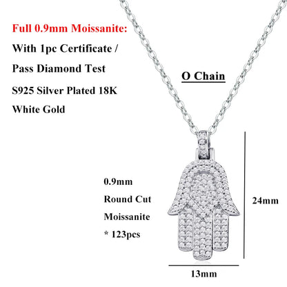 EWYA Hamsa Hand Full 0.9mm Moissanite Pendant Necklace for Woman Men 925 Silver Pass Diamond Test Hip Hop Fine Neck Jewelry Gift