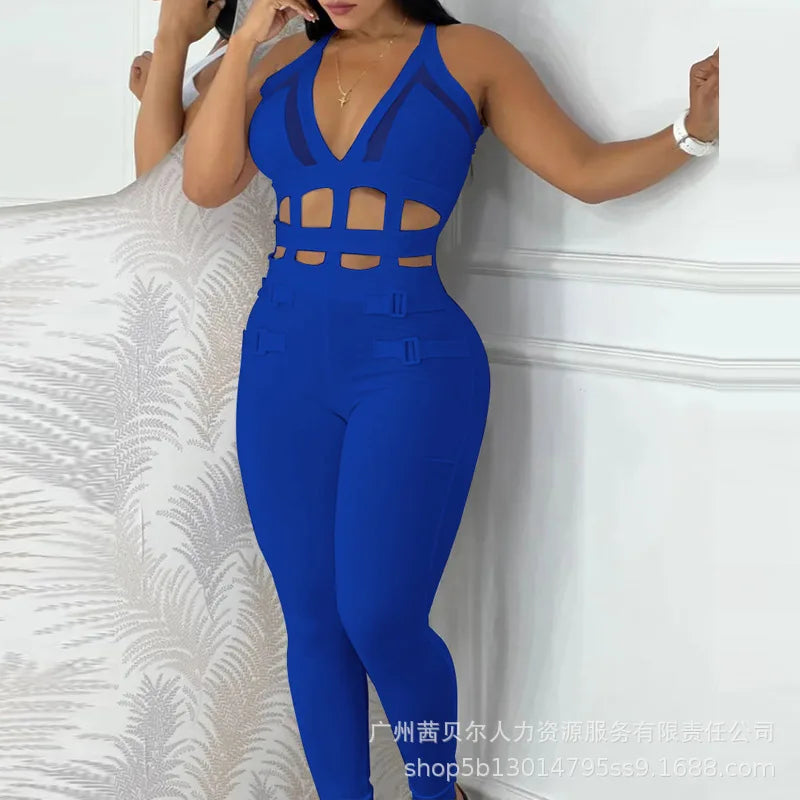 Sexy White Hollow Out Tie Neck Bodysuit Jumpsuit Bodycon Overall Playsuit Spring Summer