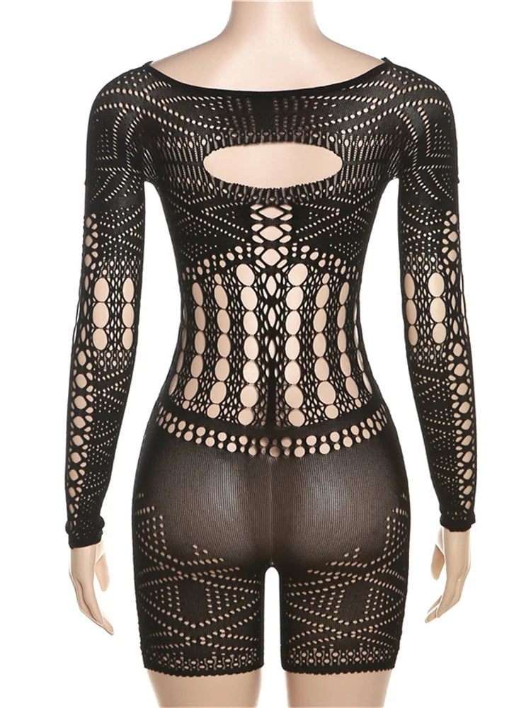 Streetwear Women 2023 One-pieces Outfits Rompers Jumpsuits Summer Long Sleeve Hollow Out Bodycon Mesh Black Romper Playsuits